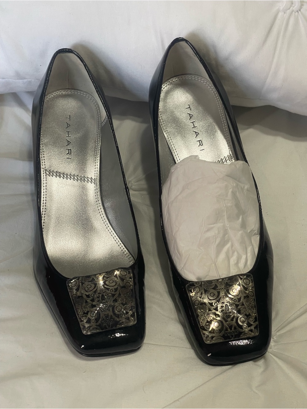 Tahari Black Patent Loafers with Gold Decorative Plaque